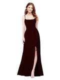 RightBrides Louis Burgundy Gold Sheath Square Spaghetti Straps Sleeveless Long Bridesmaid Dress