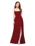 RightBrides Louis Burgundy Sheath Square Spaghetti Straps Sleeveless Long Bridesmaid Dress