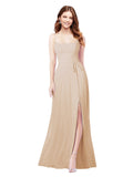 RightBrides Louis Champagne Sheath Square Spaghetti Straps Sleeveless Long Bridesmaid Dress