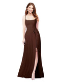 RightBrides Louis Chocolate Sheath Square Spaghetti Straps Sleeveless Long Bridesmaid Dress