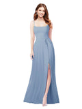 RightBrides Louis Dusty Blue Sheath Square Spaghetti Straps Sleeveless Long Bridesmaid Dress