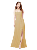 RightBrides Louis Gold Sheath Square Spaghetti Straps Sleeveless Long Bridesmaid Dress