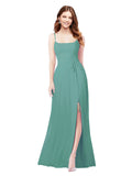 RightBrides Louis Icelandic Silver Sheath Square Spaghetti Straps Sleeveless Long Bridesmaid Dress