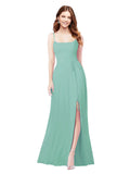 RightBrides Louis Jade Sheath Square Spaghetti Straps Sleeveless Long Bridesmaid Dress