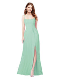 RightBrides Louis Mint Green Sheath Square Spaghetti Straps Sleeveless Long Bridesmaid Dress