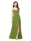 RightBrides Louis Olive Green Sheath Square Spaghetti Straps Sleeveless Long Bridesmaid Dress