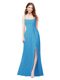 RightBrides Louis Peacock Blue Sheath Square Spaghetti Straps Sleeveless Long Bridesmaid Dress