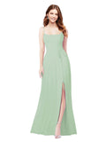 RightBrides Louis Sage Sheath Square Spaghetti Straps Sleeveless Long Bridesmaid Dress