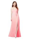 RightBrides Louis Salmon Sheath Square Spaghetti Straps Sleeveless Long Bridesmaid Dress