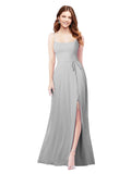 RightBrides Louis Silver Sheath Square Spaghetti Straps Sleeveless Long Bridesmaid Dress