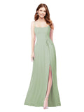 RightBrides Louis Smoke Green Sheath Square Spaghetti Straps Sleeveless Long Bridesmaid Dress