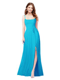 RightBrides Louis Turquoise Sheath Square Spaghetti Straps Sleeveless Long Bridesmaid Dress