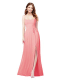 RightBrides Louis Watermelon Sheath Square Spaghetti Straps Sleeveless Long Bridesmaid Dress