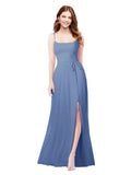 RightBrides Louis Windsor Blue Sheath Square Spaghetti Straps Sleeveless Long Bridesmaid Dress