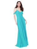 RightBrides Ursula Aqua A-Line Sweetheart V-Neck Sleeveless Long Bridesmaid Dress