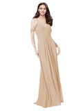 RightBrides Ursula Champagne A-Line Sweetheart V-Neck Sleeveless Long Bridesmaid Dress