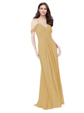 RightBrides Ursula Gold A-Line Sweetheart V-Neck Sleeveless Long Bridesmaid Dress