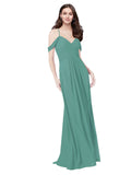 RightBrides Ursula Icelandic Silver A-Line Sweetheart V-Neck Sleeveless Long Bridesmaid Dress