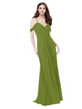 RightBrides Ursula Olive Green A-Line Sweetheart V-Neck Sleeveless Long Bridesmaid Dress