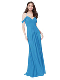 RightBrides Ursula Peacock Blue A-Line Sweetheart V-Neck Sleeveless Long Bridesmaid Dress