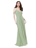 RightBrides Ursula Smoke Green A-Line Sweetheart V-Neck Sleeveless Long Bridesmaid Dress