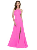 RightBrides Themi Fuchsia A-Line High Neck Jewel Sleeveless Long Bridesmaid Dress with Keyhole Back