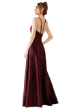 Burgundy Gold A-Line Halter Long Satin Bridesmaid Dress Delia