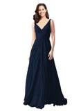 Long A-Line V-Neck Sleeveless Dark Navy Chiffon Bridesmaid Dress Bernice