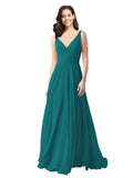 Long A-Line V-Neck Sleeveless Hunter Chiffon Bridesmaid Dress Bernice