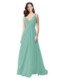 Long A-Line V-Neck Sleeveless Jade Chiffon Bridesmaid Dress Bernice