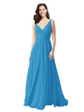 Long A-Line V-Neck Sleeveless Peacock Blue Chiffon Bridesmaid Dress Bernice