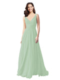 Long A-Line V-Neck Sleeveless Sage Chiffon Bridesmaid Dress Bernice