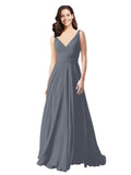 Long A-Line V-Neck Sleeveless Slate Grey Chiffon Bridesmaid Dress Bernice