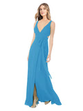 Peacock Blue A-Line V-Neck Sleeveless Long Bridesmaid Dress Petra