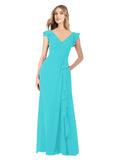 Aqua A-Line V-Neck Cap Sleeves Long Bridesmaid Dress Taryn