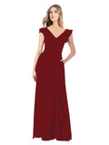 Burgundy A-Line V-Neck Cap Sleeves Long Bridesmaid Dress Taryn