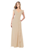 Champagne A-Line V-Neck Cap Sleeves Long Bridesmaid Dress Taryn