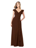 Chocolate A-Line V-Neck Cap Sleeves Long Bridesmaid Dress Taryn