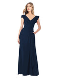 Dark Navy A-Line V-Neck Cap Sleeves Long Bridesmaid Dress Taryn