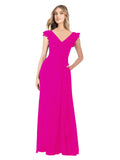 Fuchsia A-Line V-Neck Cap Sleeves Long Bridesmaid Dress Taryn