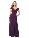 Grape A-Line V-Neck Cap Sleeves Long Bridesmaid Dress Taryn