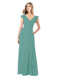 Icelandic Silver A-Line V-Neck Cap Sleeves Long Bridesmaid Dress Taryn