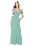 Jade A-Line V-Neck Cap Sleeves Long Bridesmaid Dress Taryn