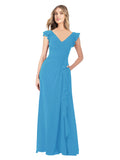 Peacock Blue A-Line V-Neck Cap Sleeves Long Bridesmaid Dress Taryn