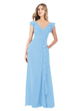 Periwinkle A-Line V-Neck Cap Sleeves Long Bridesmaid Dress Taryn