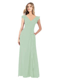 Sage A-Line V-Neck Cap Sleeves Long Bridesmaid Dress Taryn