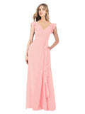 Salmon A-Line V-Neck Cap Sleeves Long Bridesmaid Dress Taryn