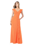 Tangerine Tango A-Line V-Neck Cap Sleeves Long Bridesmaid Dress Taryn