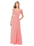 Watermelon A-Line V-Neck Cap Sleeves Long Bridesmaid Dress Taryn