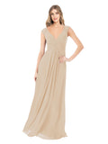 Champagne A-Line V-Neck Cap Sleeves Long Bridesmaid Dress Layne